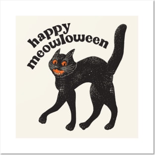 Happy Meowloween Vintage Black Cat Halloween Design Posters and Art